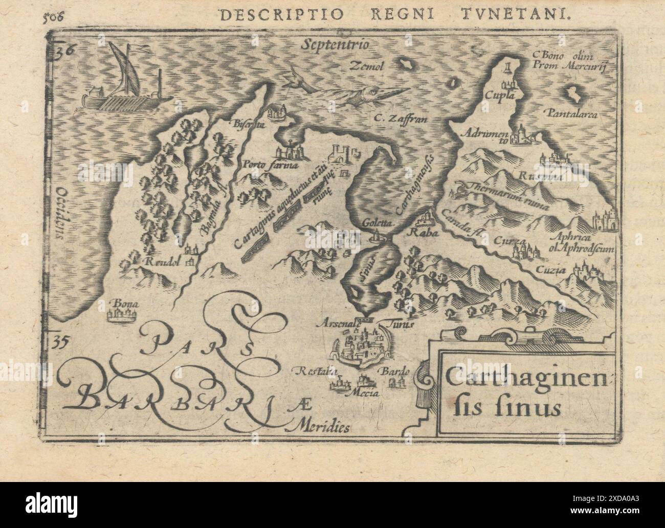 Carthaginensis sinus di Bertius. Regno di Tunisi e Golfo di Cartagine 1603 mappa Foto Stock