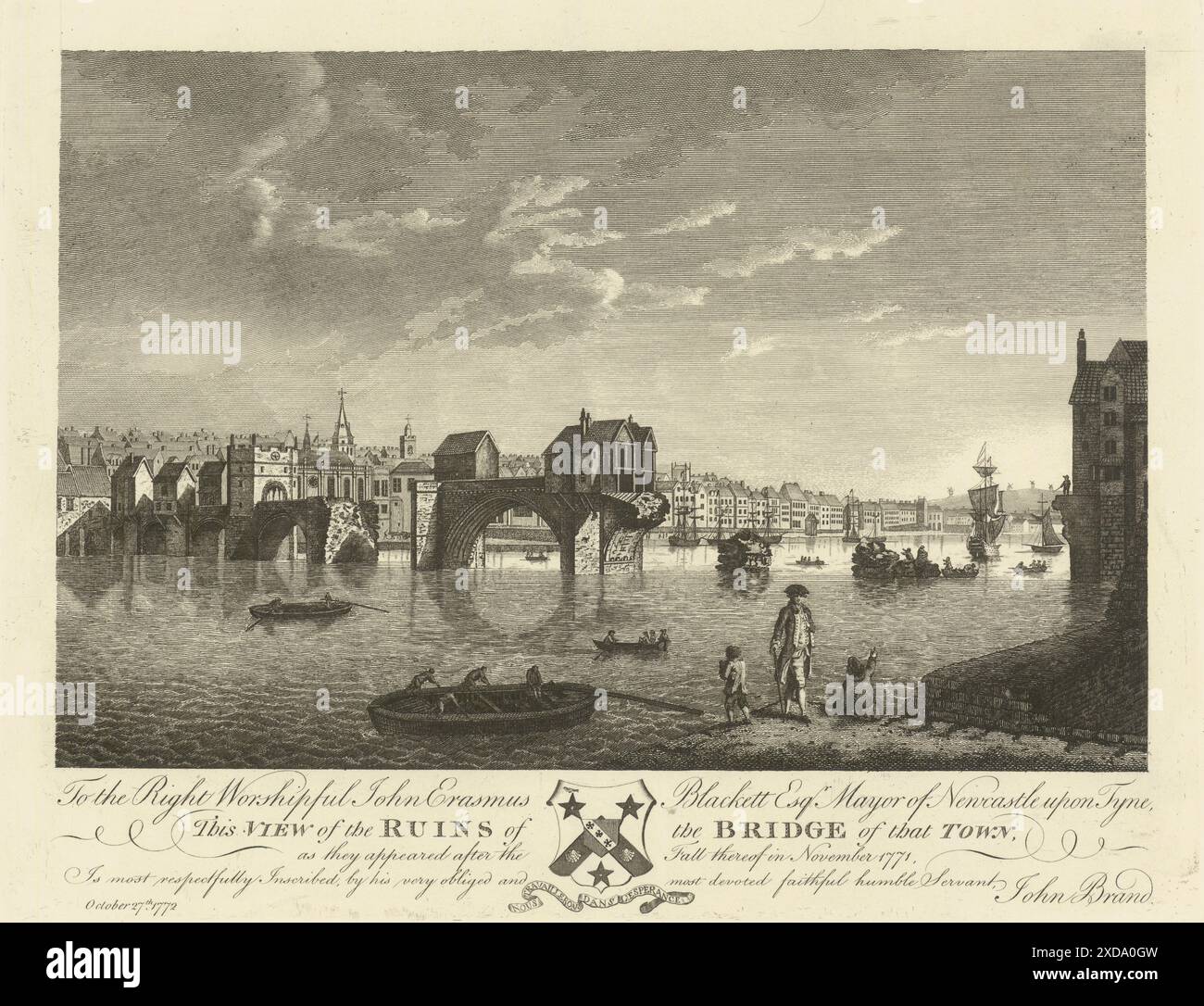 Rovine del ponte Newcastle upon Tyne, dopo il crollo del 1771 stampa del 1789 Foto Stock