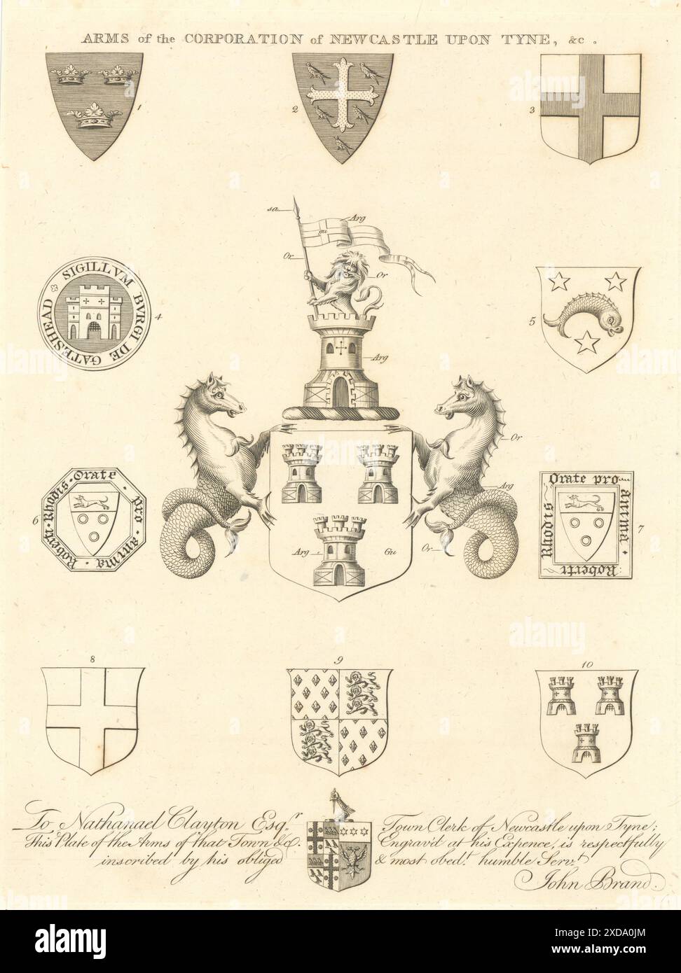 Corporation of Newcastle upon Tyne Arms. Nathanael Clayton dedica 1789 Foto Stock