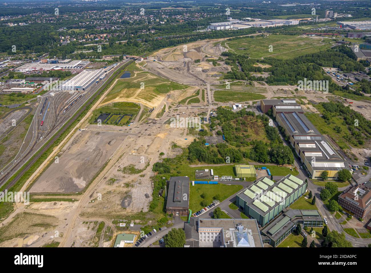 Vista aerea, zona industriale di Westfalenhütte, sopra il cantiere del ponte con il nuovo cavalcavia della Hildastrasse sopra i binari ferroviari per Nordstadt, S. Foto Stock