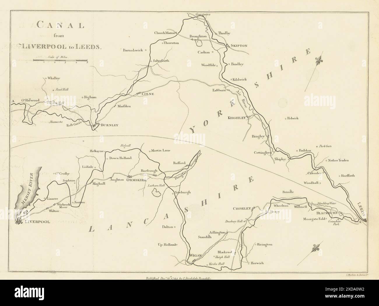 Canale da Liverpool a Leeds. Leeds e Liverpool Canal. STOCKDALE 1795 vecchia mappa Foto Stock