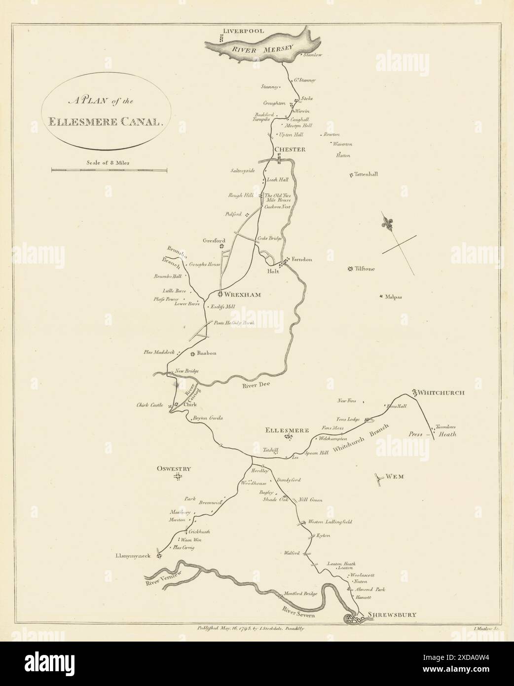 Pianta del canale Ellesmere (ora Llangollen). Severn-Mersey. STOCKDALE 1795 mappa Foto Stock