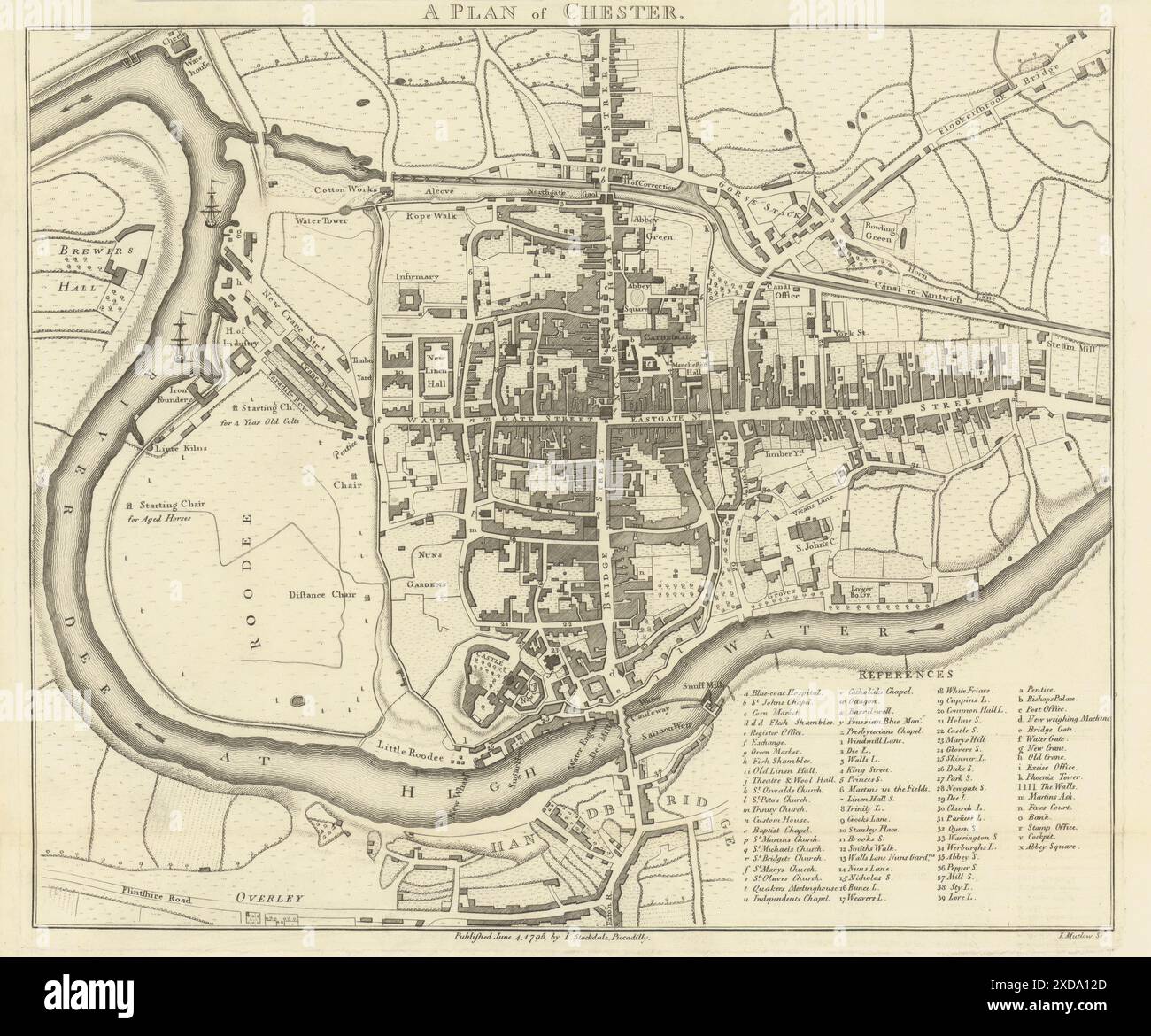 Un piano di Chester di John Stockdale. Mappa della città 1795 vecchia mappa di antiquariato Foto Stock