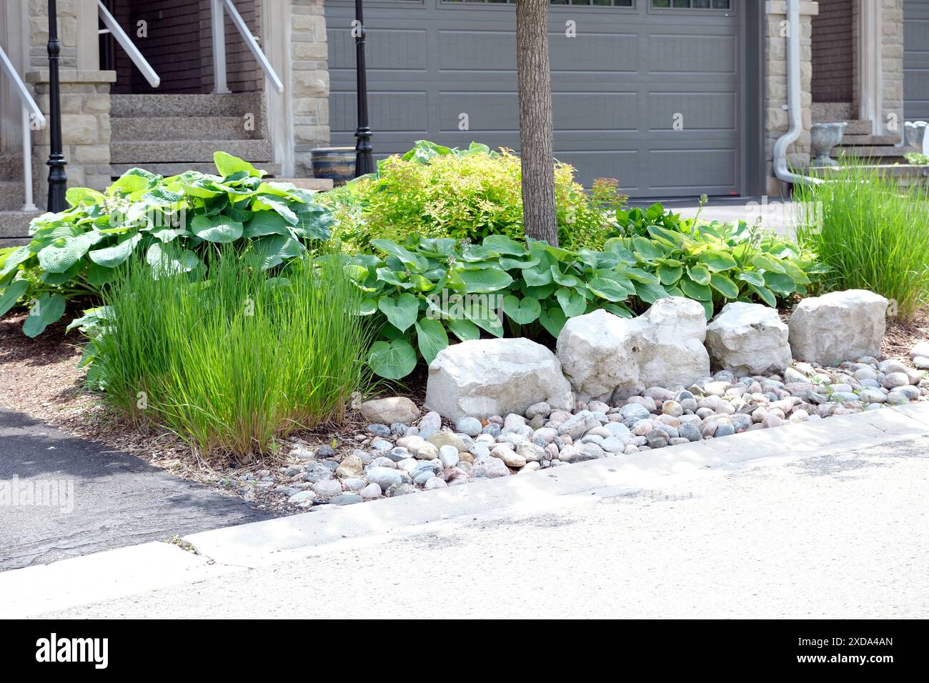 Il giardino anteriore a bassa manutenzione presenta armature decorative in pietra e roccia fluviale, senza prato e piante perenni e erbe ornamentali di facile manutenzione. Foto Stock