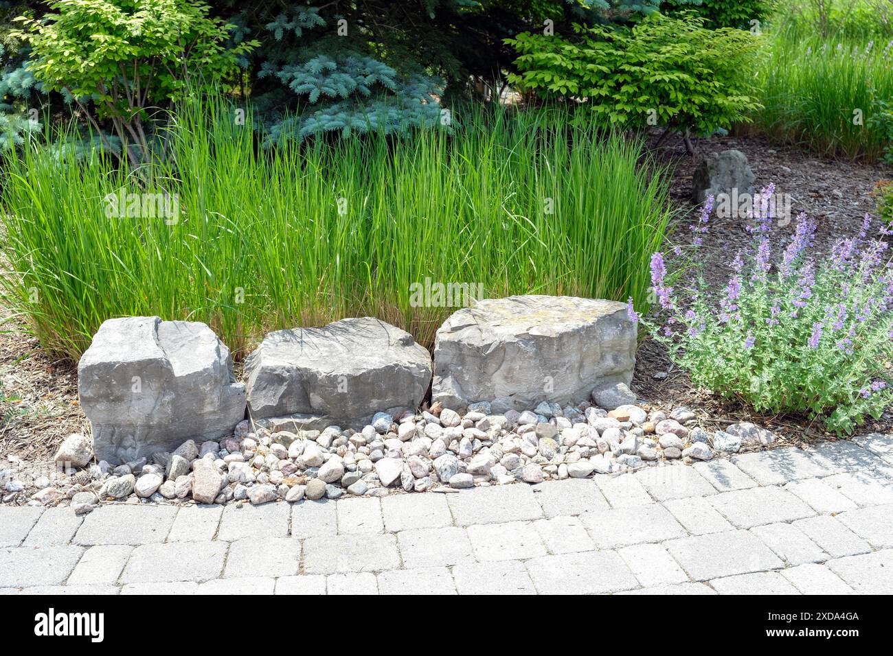 Lussuosi giardini a bassa manutenzione in un condominio. Vengono utilizzate rocce fluviali, armature in pietra e piante di facile manutenzione. Foto Stock