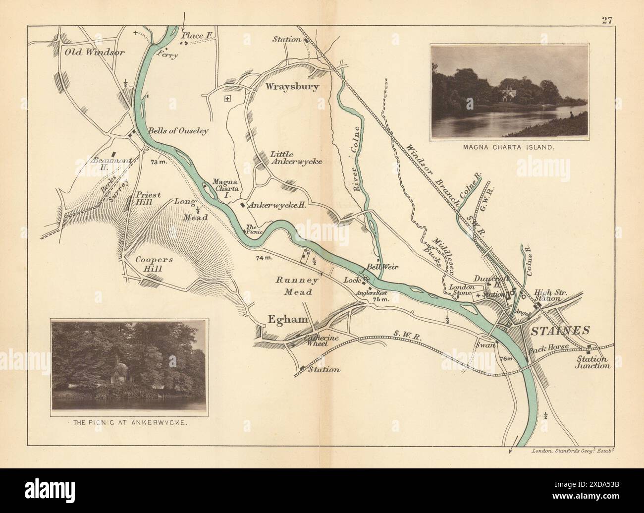 FIUME TAMIGI Old Windsor Wraysbury Egham Staines Ankerwycke. TUNT 1887 mappa Foto Stock