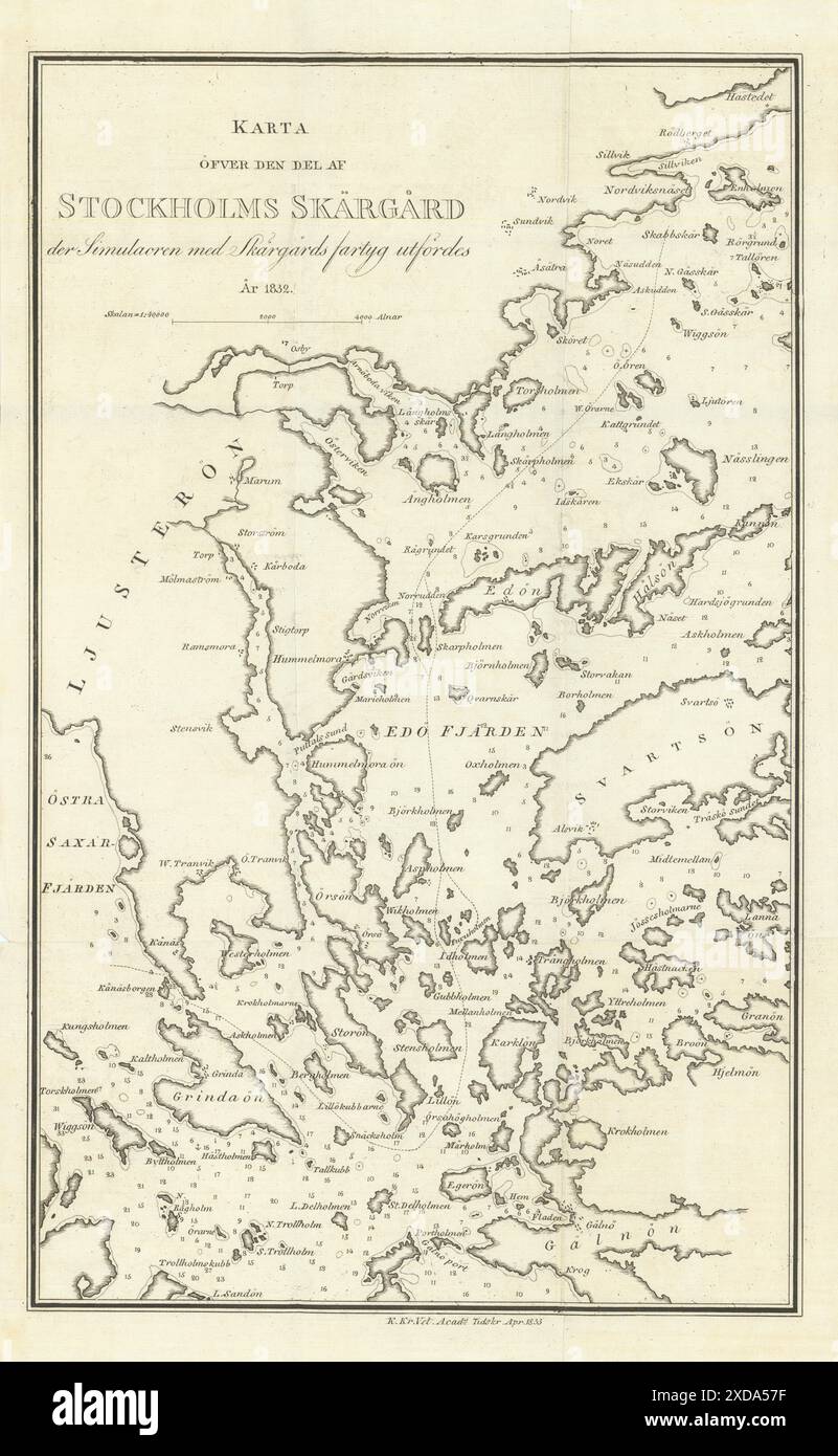 Karta öfver den del av Stockholms Skärgård. Arcipelago di Stoccolma KKRVA 1833 mappa Foto Stock