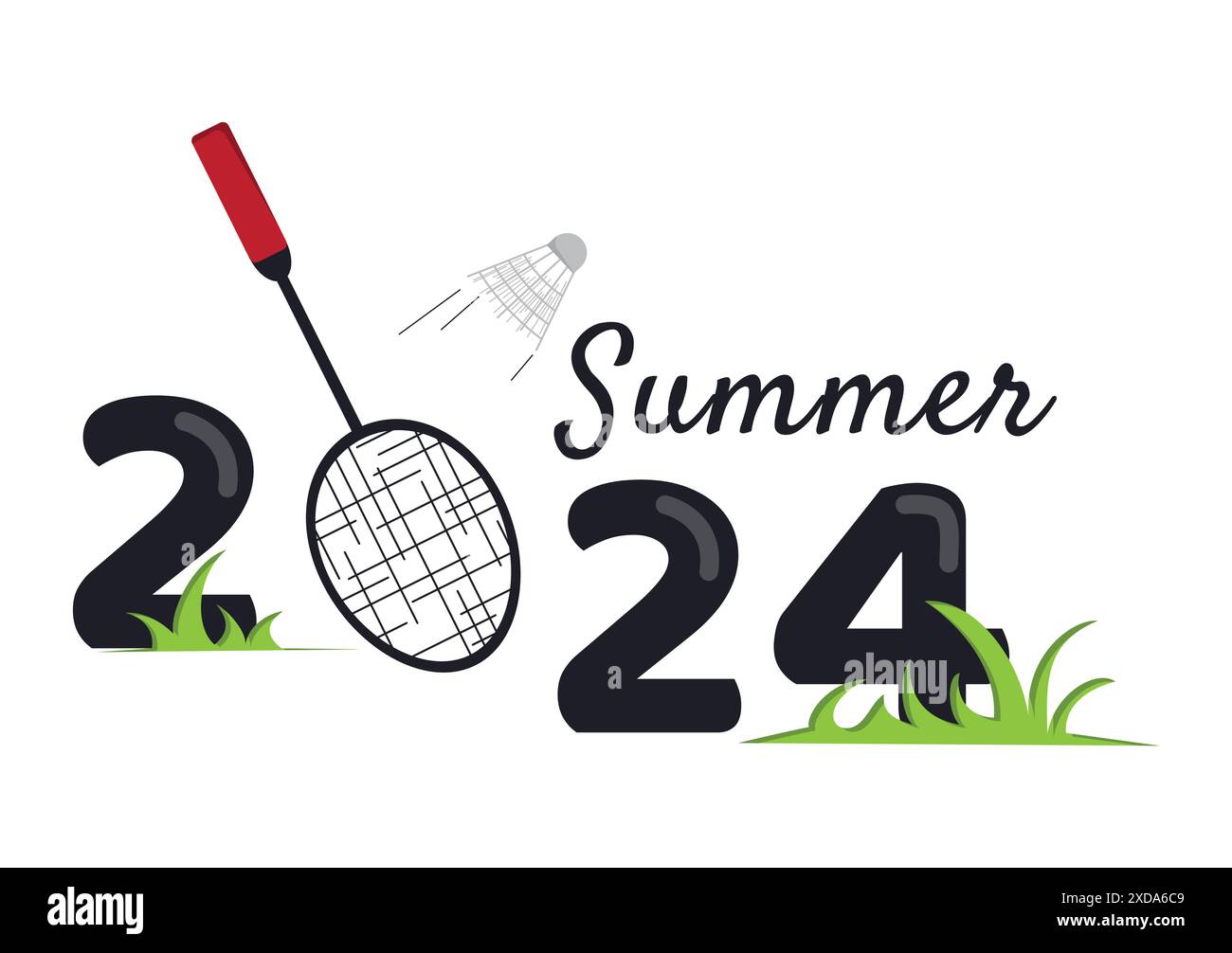 Estate 2024. Giochi olimpici estivi. Torneo di badminton. Illustrazione vettoriale luminosa con racchetta e rubinetto Illustrazione Vettoriale