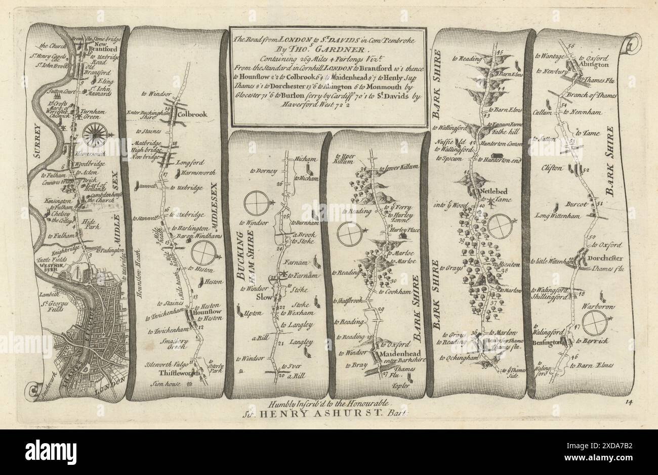 Londra - Slough - Maidenhead - Henley - Abingdon. GARDNER Road MAP #14 1719 Foto Stock