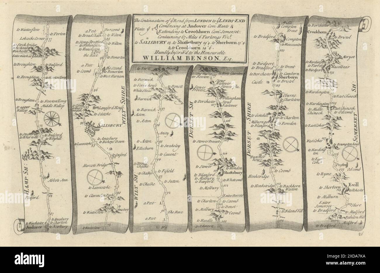 Andover-Salisbury-Shaftesbury-Yeovil-Crewkerne. GARDNER Road MAP #26 1719 Foto Stock