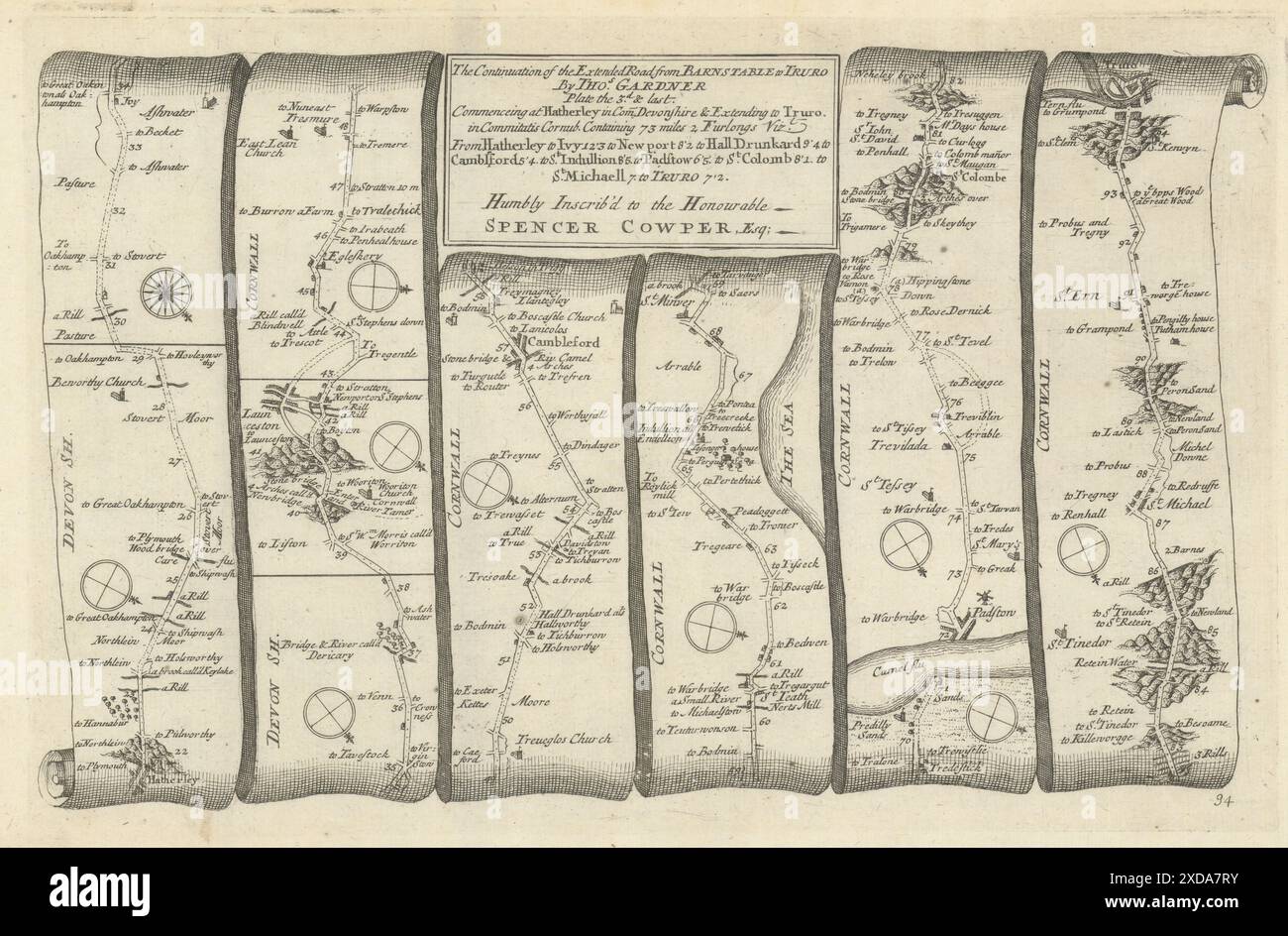 Launceston - Padstow - St Columb Major - Truro. GARDNER Road MAP #34 1719 Foto Stock