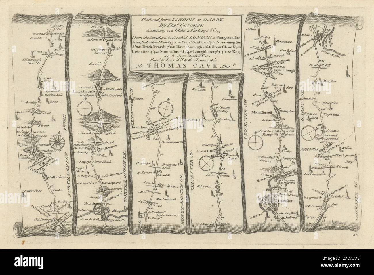 Northampton - Leicester - Loughborough - Derby. GARDNER Road MAP #40 1719 Foto Stock