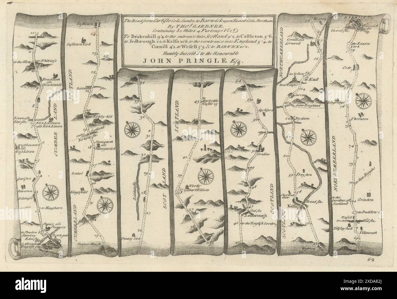 Carlisle - Jedburgh - Kelso - Berwick-upon-Tweed. GARDNER Road MAP #62 1719 Foto Stock