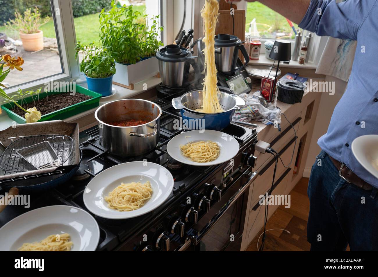 Pranzo di famiglia, spaghetti appena cucinati sono distribuiti su piatti per la famiglia, Baviera, Germania Foto Stock