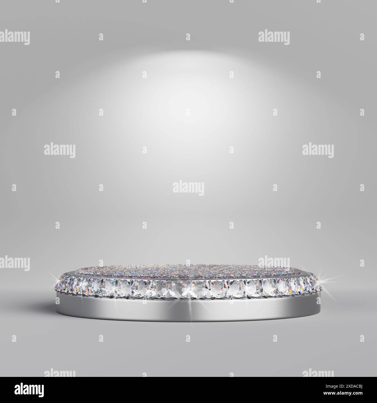 Palco per esposizione Silver Diamond vuoto per la presentazione del prodotto su sfondo bianco. Rendering 3d. Foto Stock