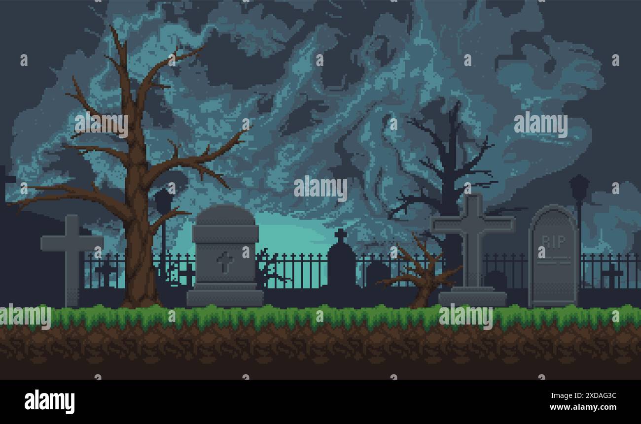 Sfondo del cimitero pixel art. cimitero di videogiochi con pixel 2d con pietre tombali, croci e alberi secchi contro il cielo minaccioso. Illustrazione vettoriale orizzontale Illustrazione Vettoriale Sfondo del cimitero pixel art. cimitero di videogiochi con pixel 2d con pietre tombali, croci e alberi secchi contro il cielo minaccioso. Illustrazione vettoriale orizzontale Illustrazione Vettoriale