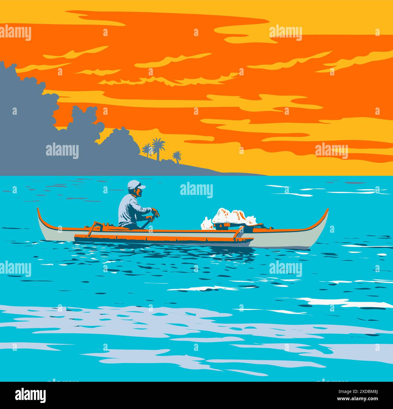 WPA poster art of Filipino Fisherman Paddling Outrigger canoa lungo la costa settentrionale di Subic Bay a Subic a Zambales, Filippine, fatto in Works pr Illustrazione Vettoriale