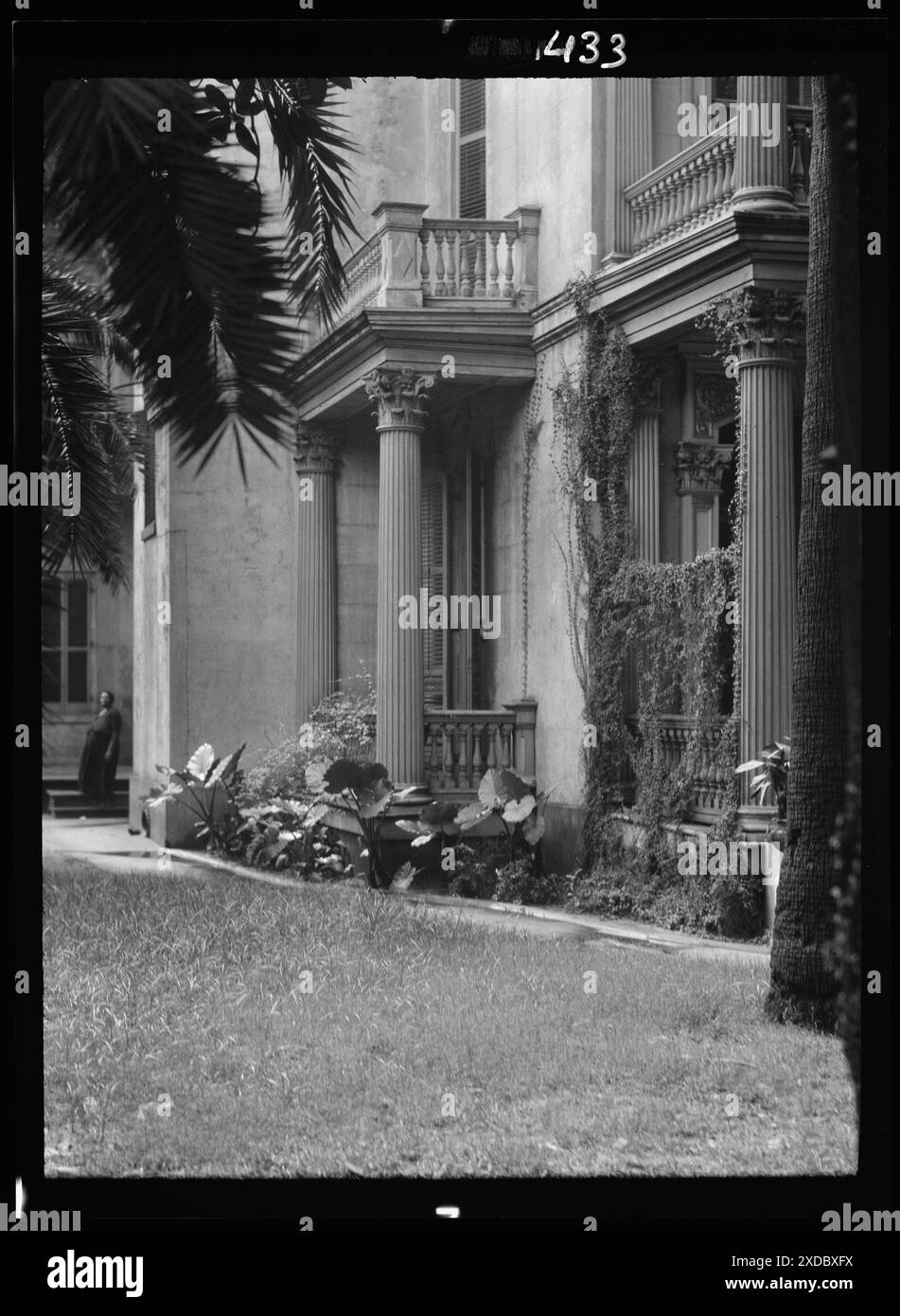 Casa a più piani, possibilmente nel Garden District, New Orleans , colonne, palme e balconi, New Orleans. Collezione fotografica Genthe. Foto Stock