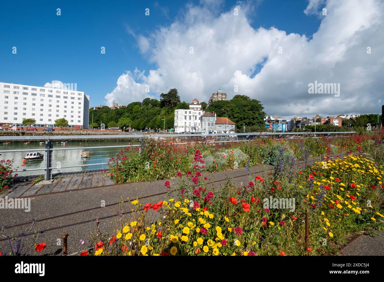 Folkestone, Kent, Regno Unito fiori sul vecchio viadotto ferroviario pedonale che trasportava i treni in barca verso il continente. Foto Stock