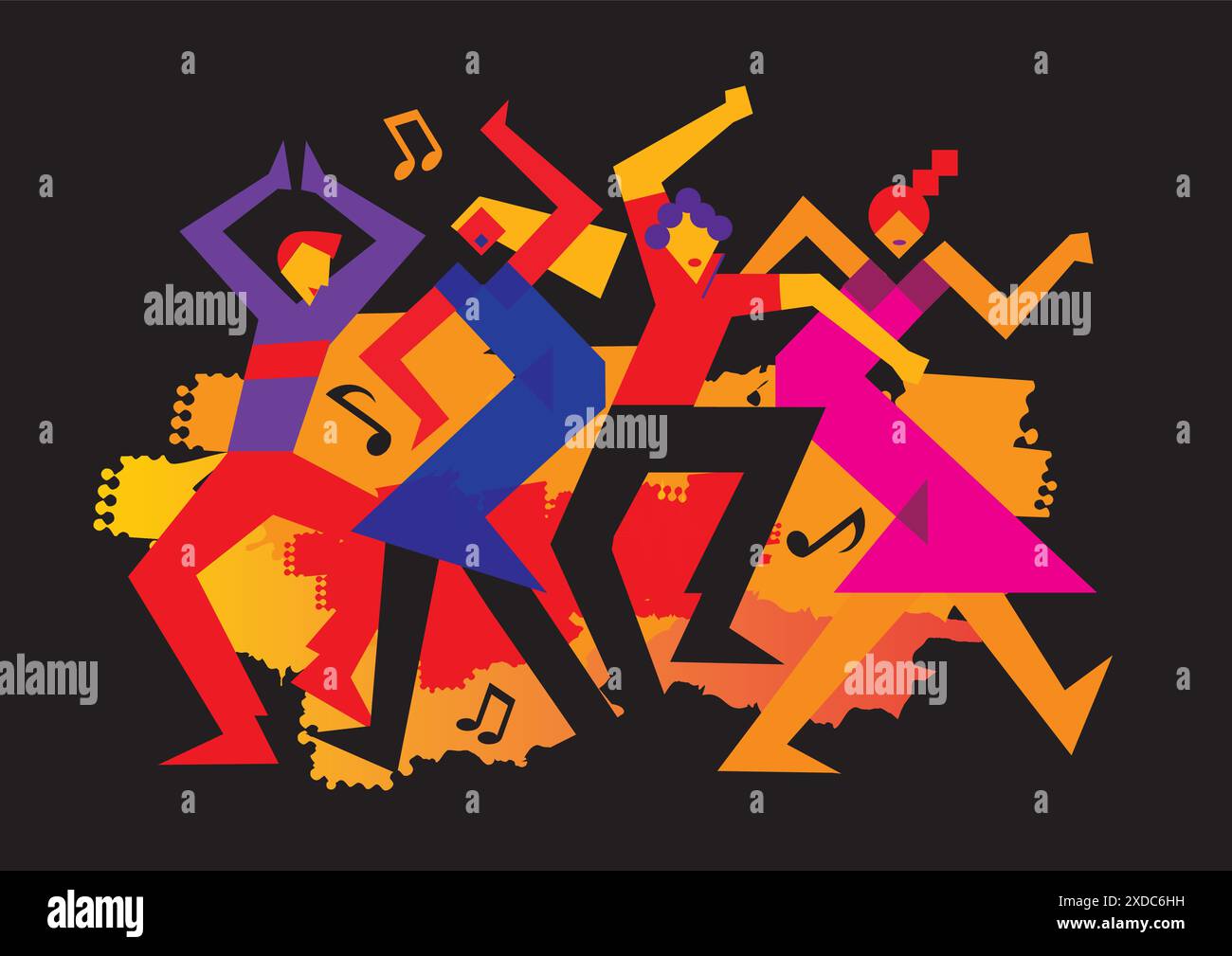 Due coppie danzanti, festa di danza folle, cartone animato. Illustrazione stilizzata astratta di ballerini disco. Isolato su sfondo nero. Vettore disponibile. Illustrazione Vettoriale