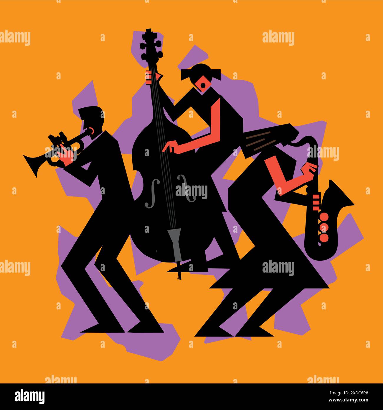 Jazz Band, dixieland, Contrabass, sassofono, tromba. Divertente disegno piatto illustrazione di due donne musicisti jazz e uomo con tromba. Silhouette nera Illustrazione Vettoriale
