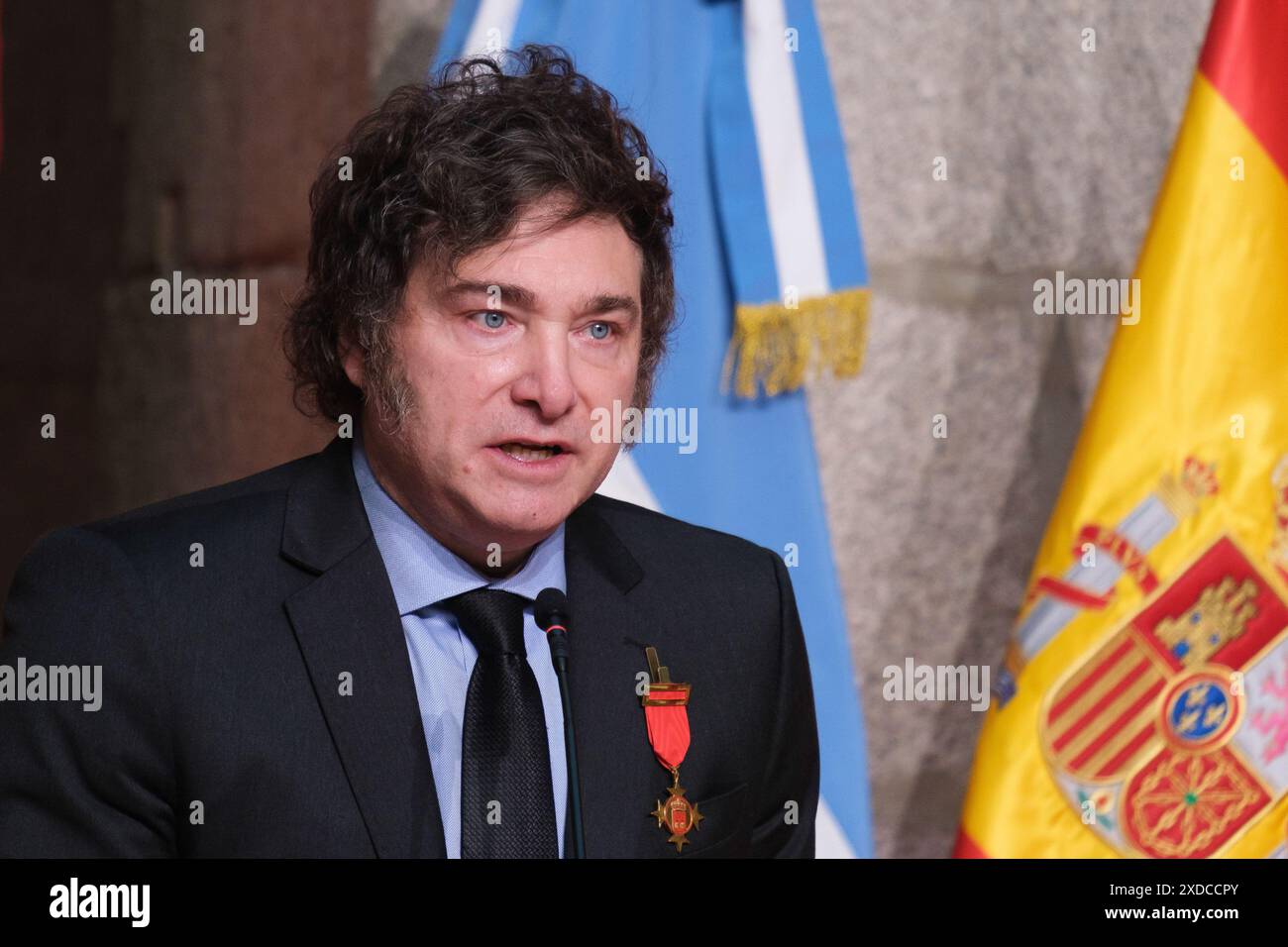 Isabel Diaz Ayuso, riceve il presidente dell'argentino Javier Milei per assegnargli la distinzione Onoraria della Medaglia Internazionale del cm at Foto Stock