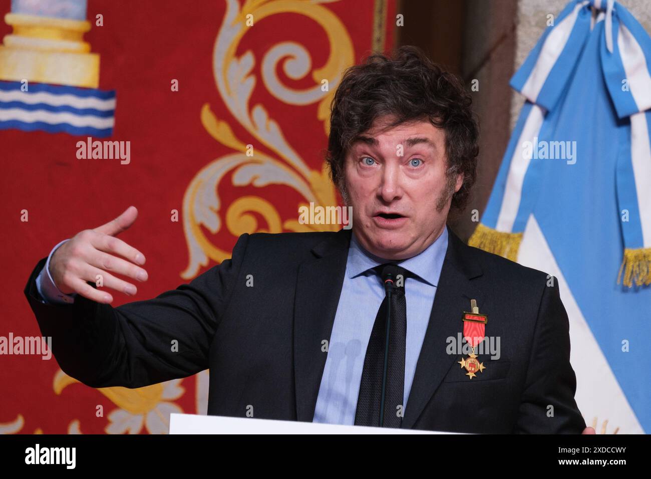 Isabel Diaz Ayuso, riceve il presidente dell'argentino Javier Milei per assegnargli la distinzione Onoraria della Medaglia Internazionale del cm at Foto Stock