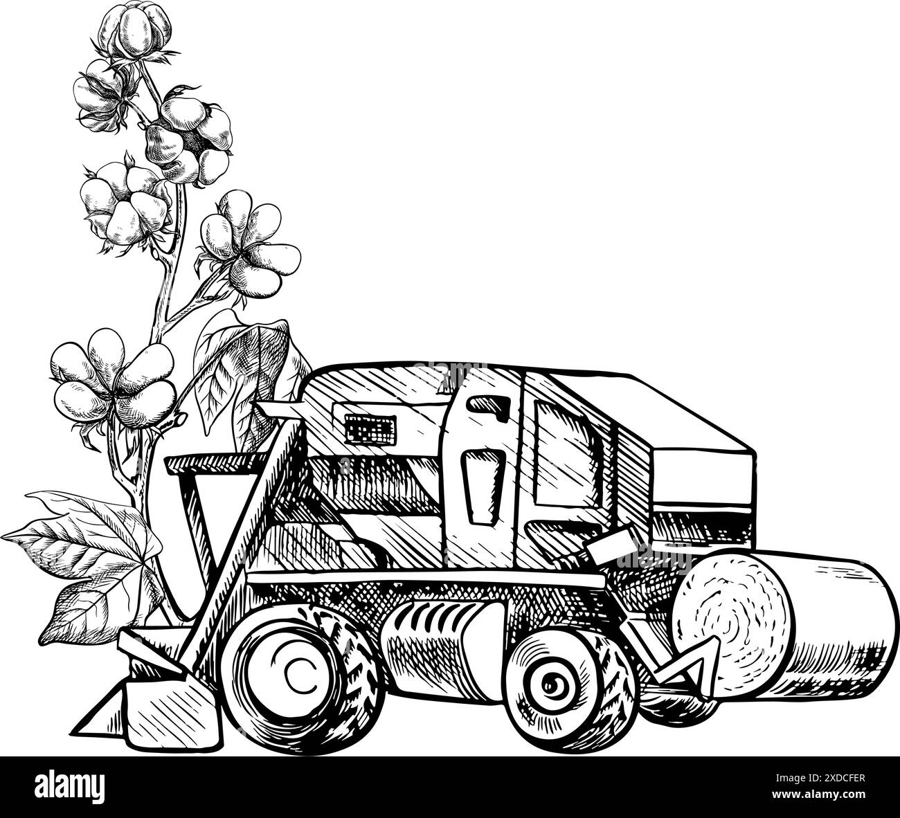 Raccoglitrice di cotone. Illustrazione grafica vettoriale in bianco e nero realizzata a mano. Una composizione stilizzata di una moderna raccoglitrice di cotone utilizzata in agricoltura Illustrazione Vettoriale