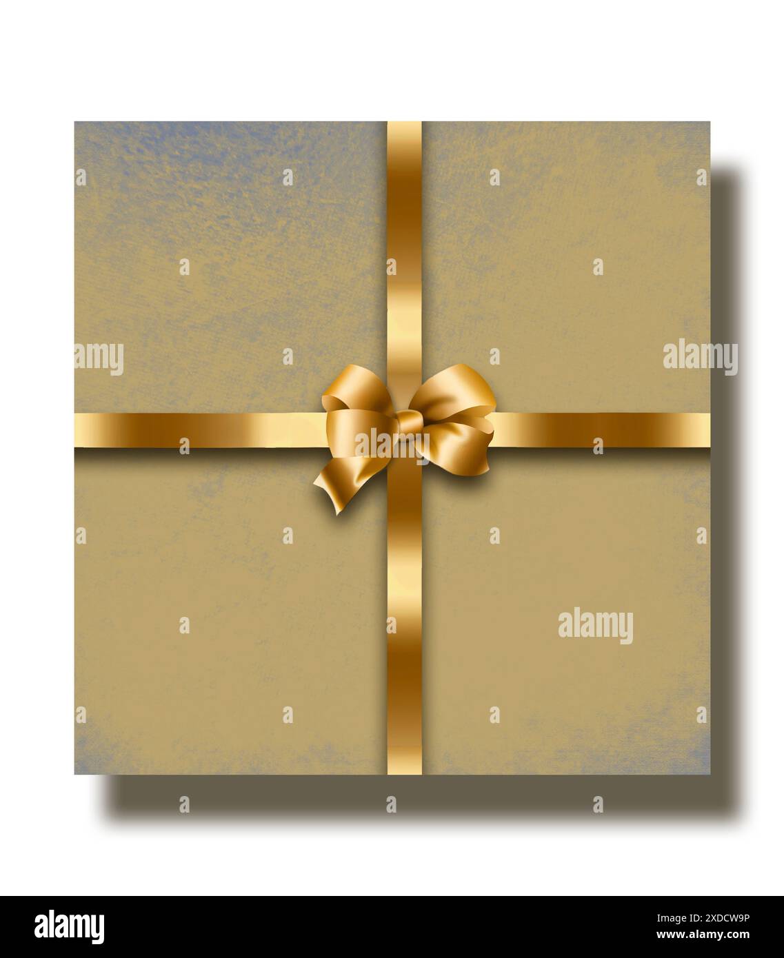 Una confezione regalo d'oro è visibile dall'alto con un nastro in oro e un arco in un'illustrazione in 3D. Foto Stock