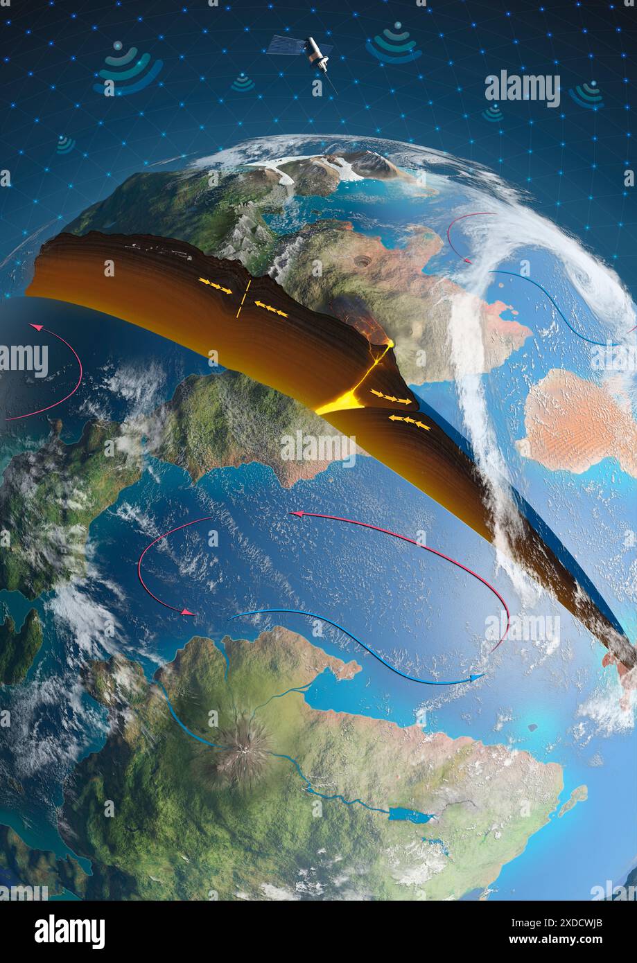 Opera d'arte che raffigura le varie discipline coinvolte nel campo delle Geoscienze. Una sezione è mostrata attraverso la Terra e sono mostrate varie caratteristiche, come oceanografia, climatologia, sismologia, tettonica e vulcanologia. Foto Stock