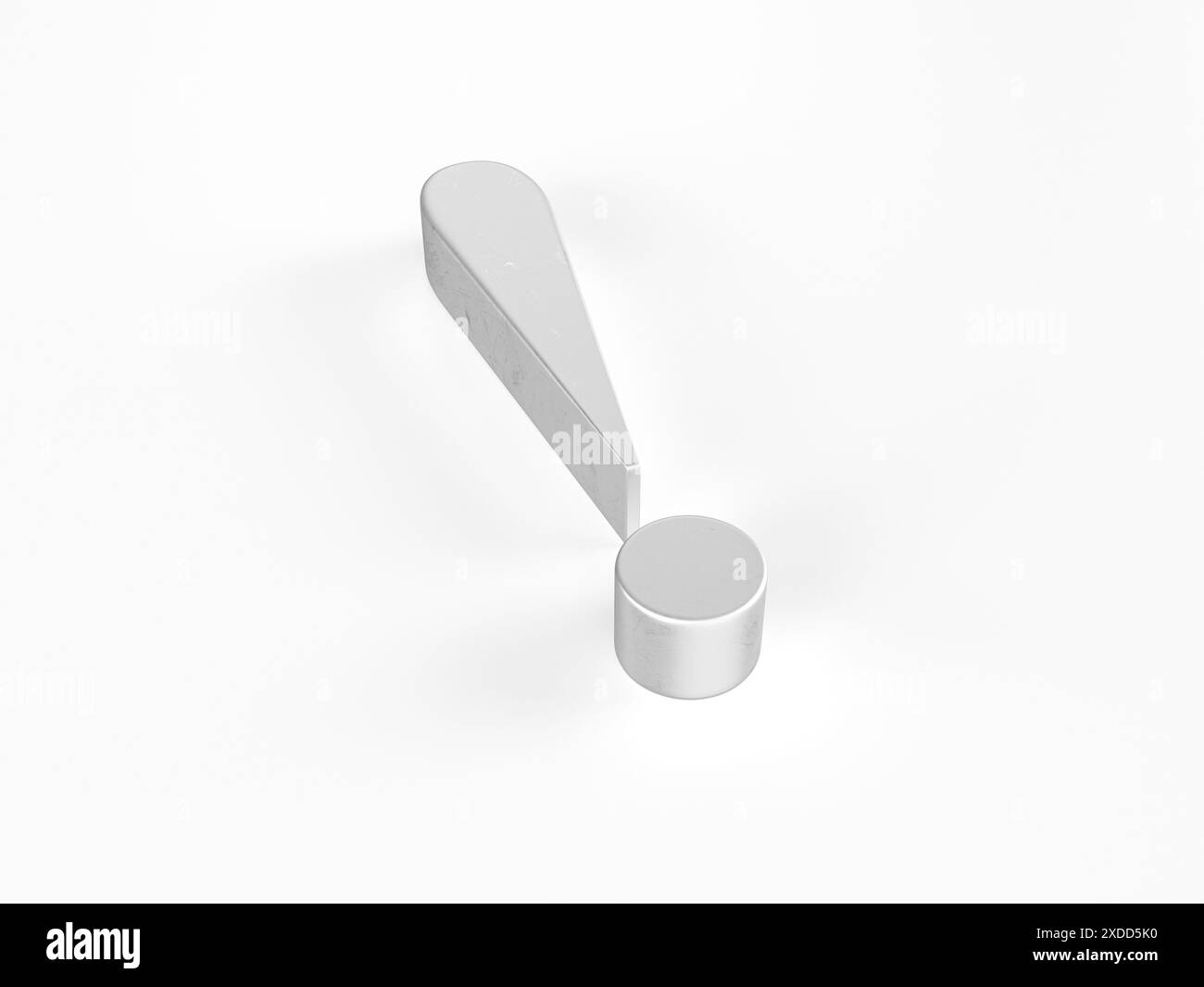 Simbolo del punto esclamativo metallico su sfondo bianco. illustrazione 3d. Foto Stock