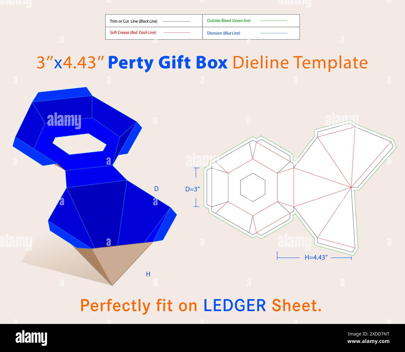 Confezione regalo per feste D 3, H modello Dieline da 4,43 pollici. Una scatola è un contenitore con una struttura dimensionale utilizzata per conservare, proteggere e trasportare gli articoli. Illustrazione Vettoriale