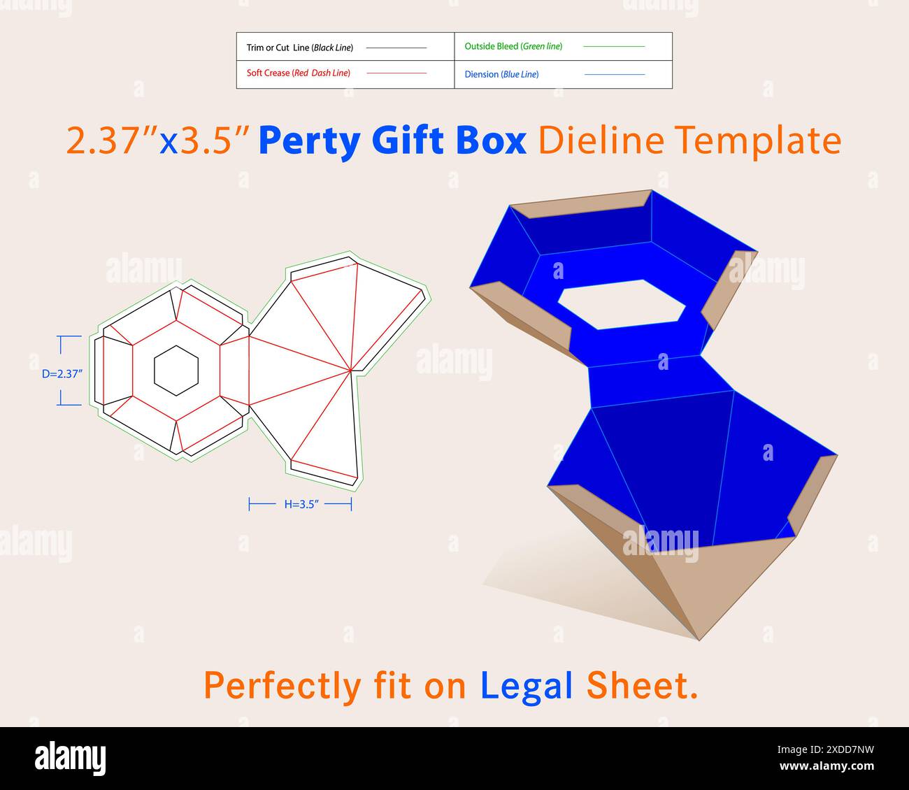 Confezione regalo per feste D 2,37, H modello Dieline da 3,5 pollici. Una scatola è un contenitore con una struttura dimensionale utilizzata per conservare, proteggere e trasportare gli articoli. Illustrazione Vettoriale