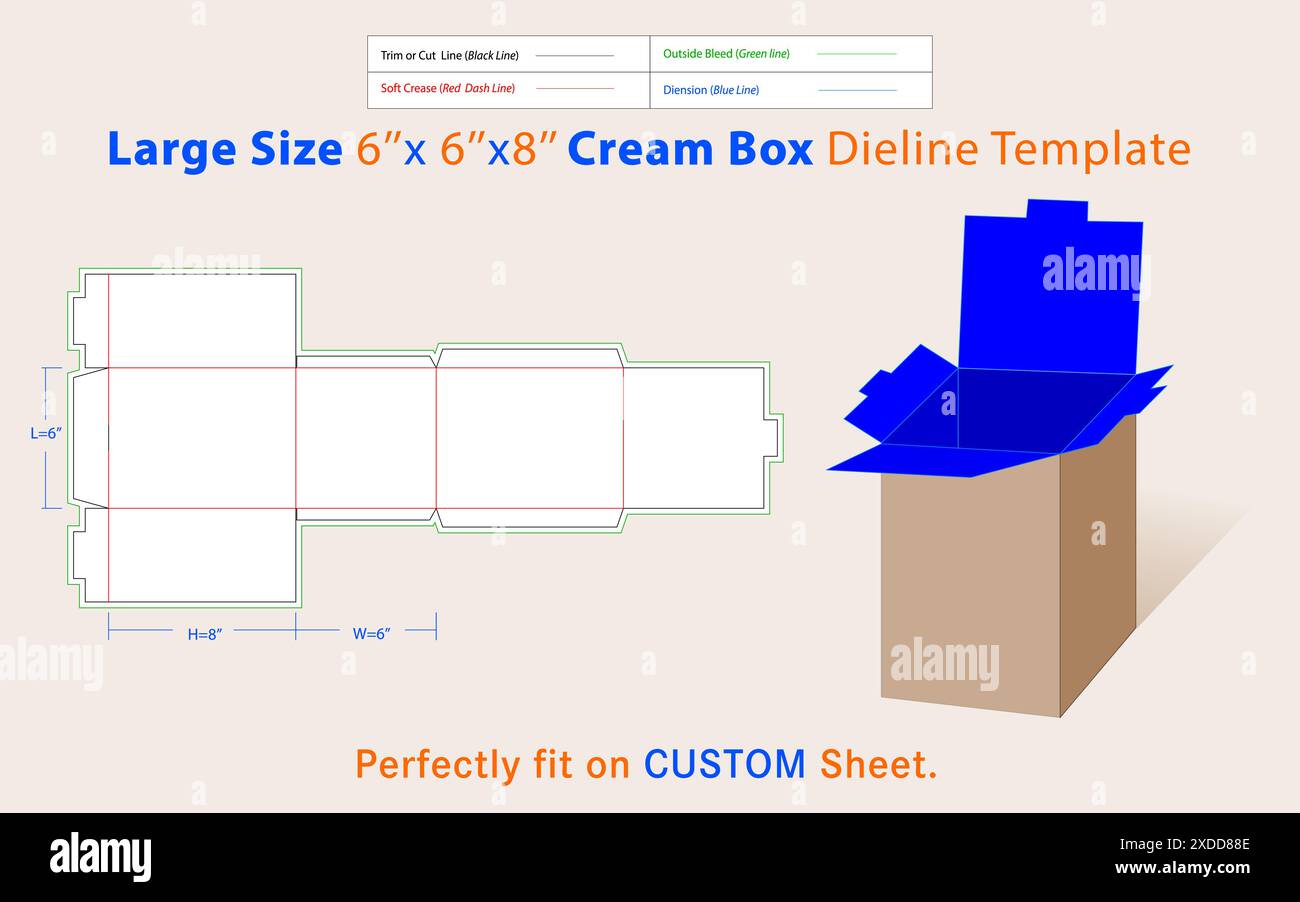 Panna, misura grande L 6, L 6, H 8 pollici Dieline Template. Una scatola è un contenitore con una struttura dimensionale utilizzata per immagazzinarla, proteggerla e trasportarla Illustrazione Vettoriale