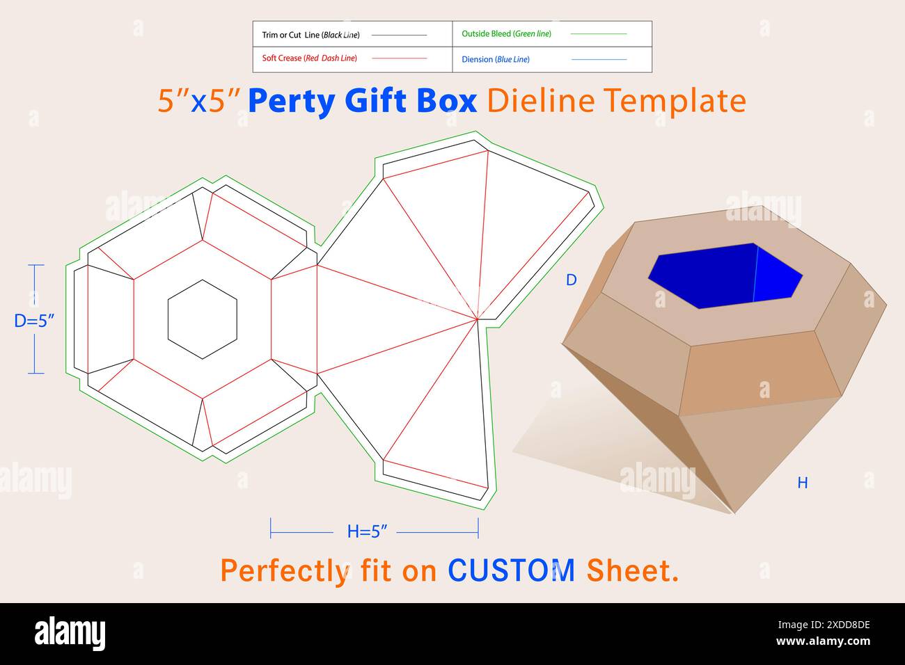 Confezione regalo da festa modello Dieline D 5, H 5 pollici. Una scatola è un contenitore con una struttura dimensionale utilizzata per conservare, proteggere e trasportare gli articoli. Illustrazione Vettoriale