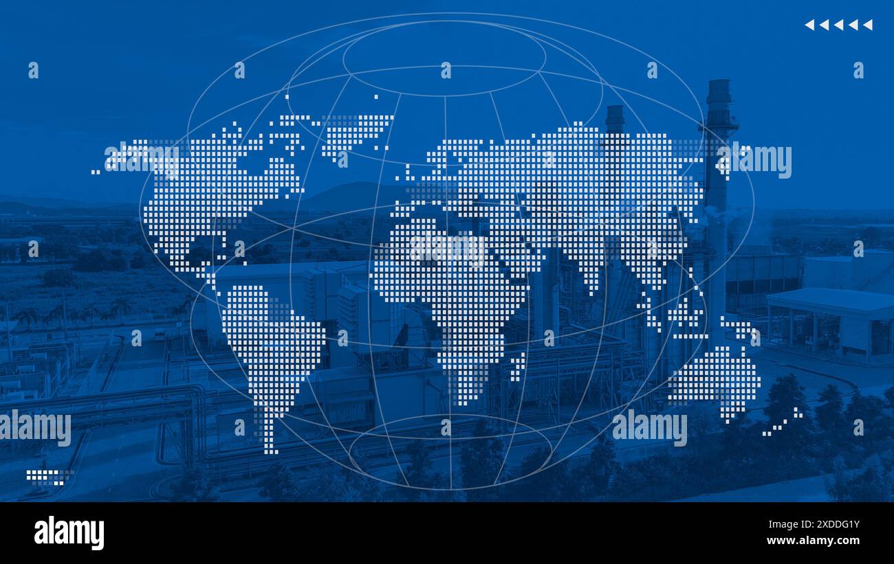 Sovrapposizione mappa mondo vuoto con grande edificio industriale, centrale elettrica, fondo complesso petrolifero su grafica con tonalità blu per busi in tutto il mondo Foto Stock