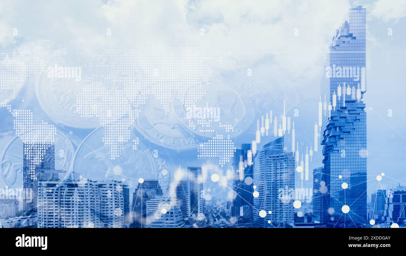 City Office Building Overlay Money Stock Chart for Economy Investment Business Fund for Future Development background Concept. Foto Stock