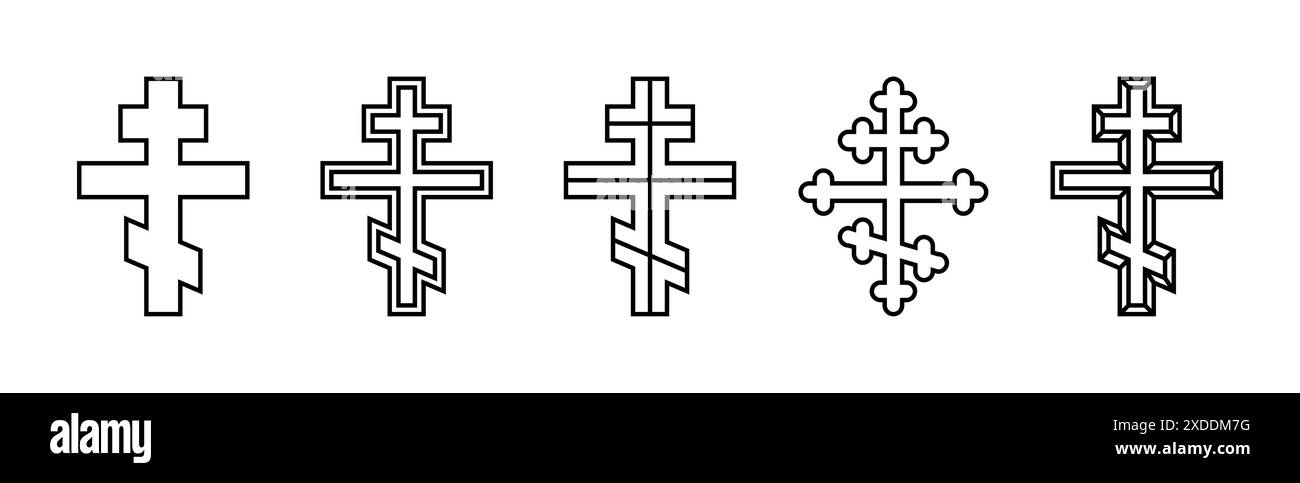Set croce ortodossa, silhouette del simbolo religioso cristiano, collezione di icone. Emblema del contorno. Illustrazione Vettoriale