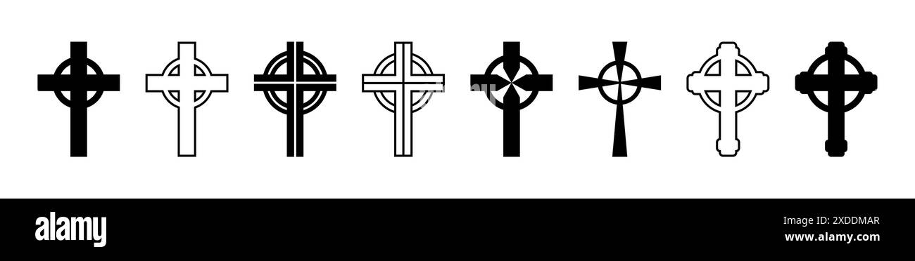 Set croce celtica, silhouette del simbolo religioso cristiano, collezione di icone. Cultura gaelica irlandese. Illustrazione Vettoriale
