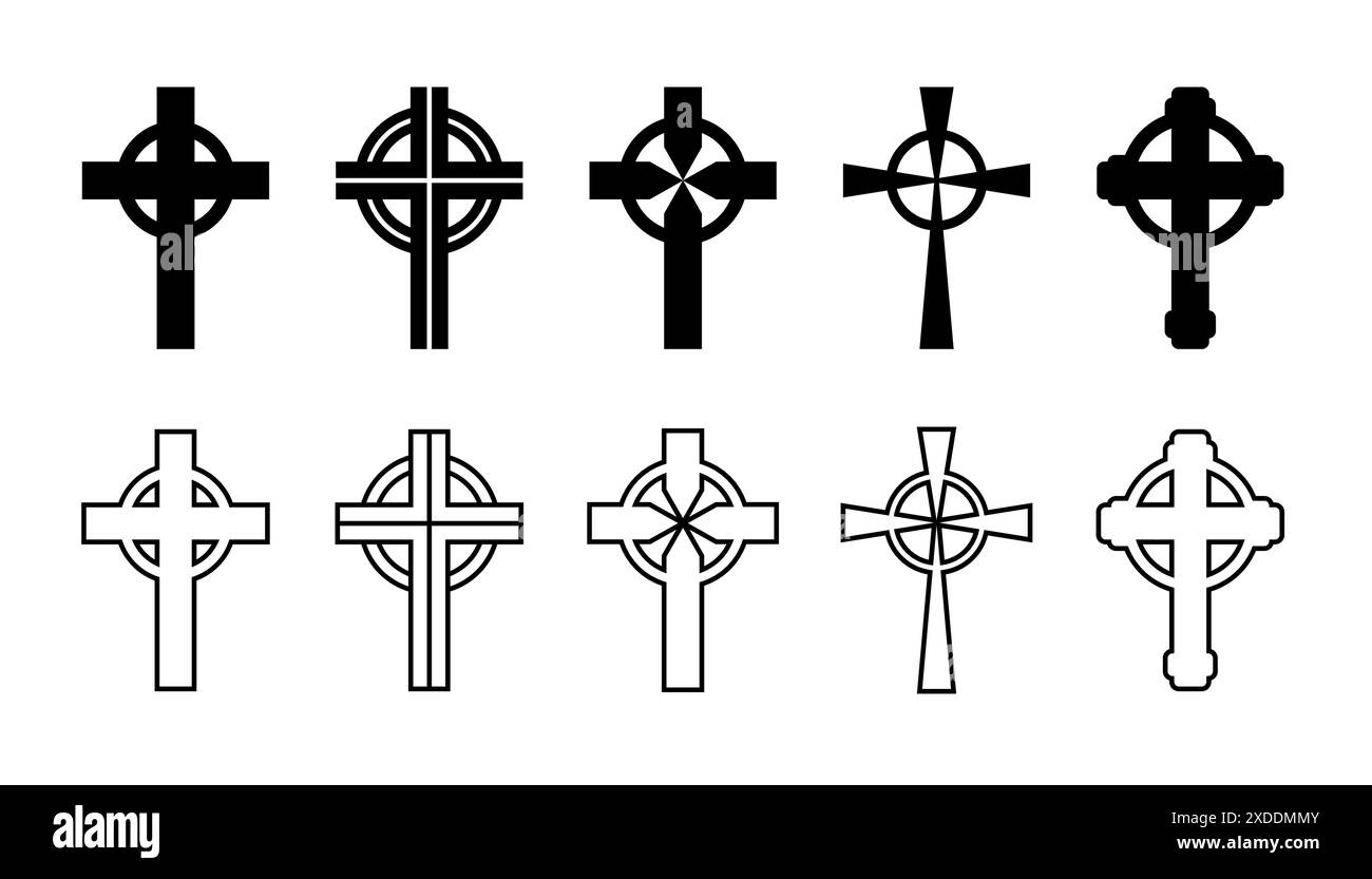 Set croce celtica, silhouette del simbolo religioso cristiano, collezione di icone. Cultura gaelica irlandese. Illustrazione Vettoriale
