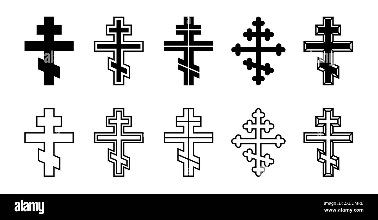 Set croce ortodossa, silhouette del simbolo religioso cristiano, collezione di icone. Emblema del contorno. Illustrazione Vettoriale