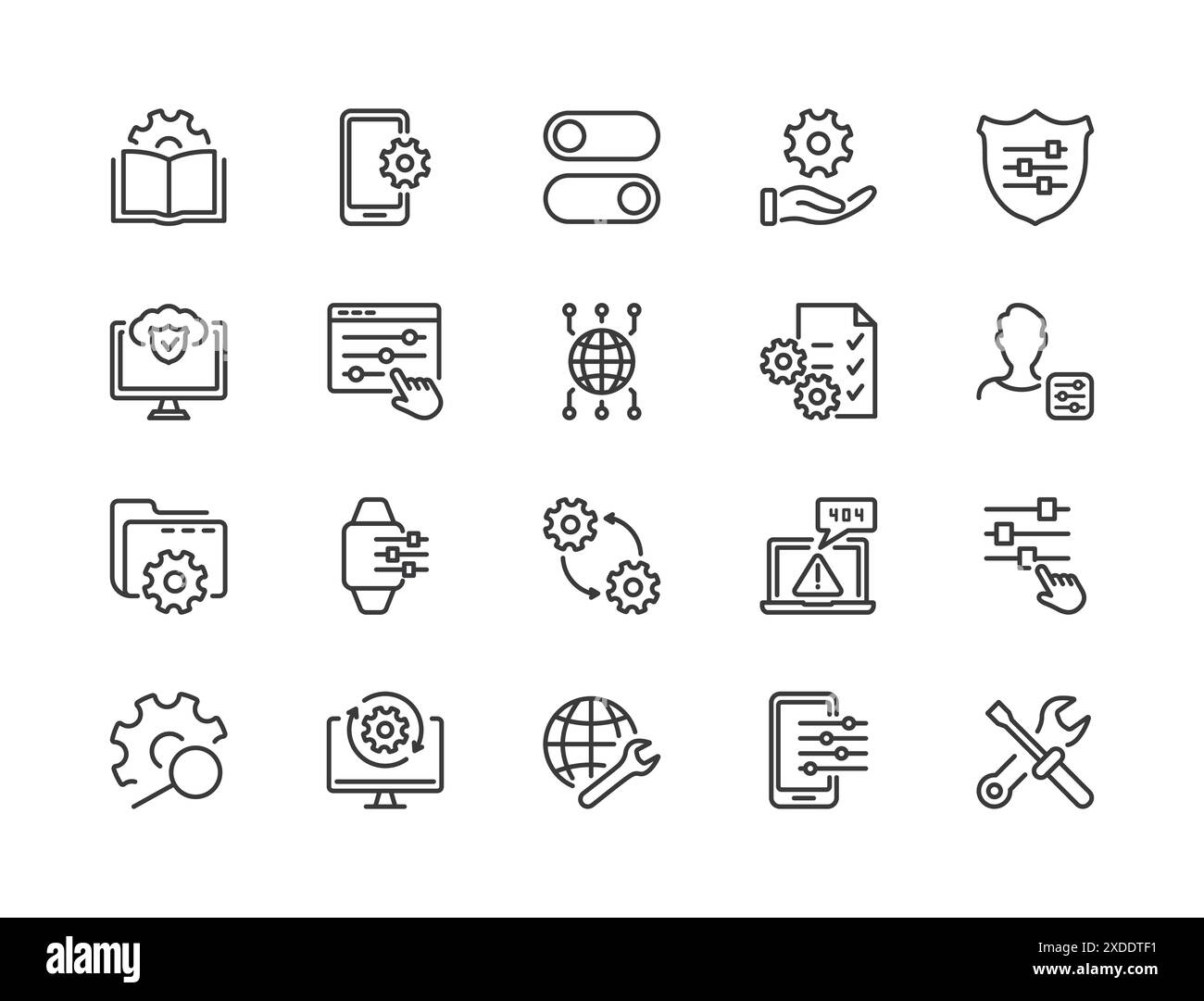 Semplice set di impostazioni, riparazioni e impostazioni. Icone ingranaggio, cacciavite e linea chiave. Supporto tecnico, Impostazioni e Opzioni relative al set di icone della linea vettoriale Illustrazione Vettoriale