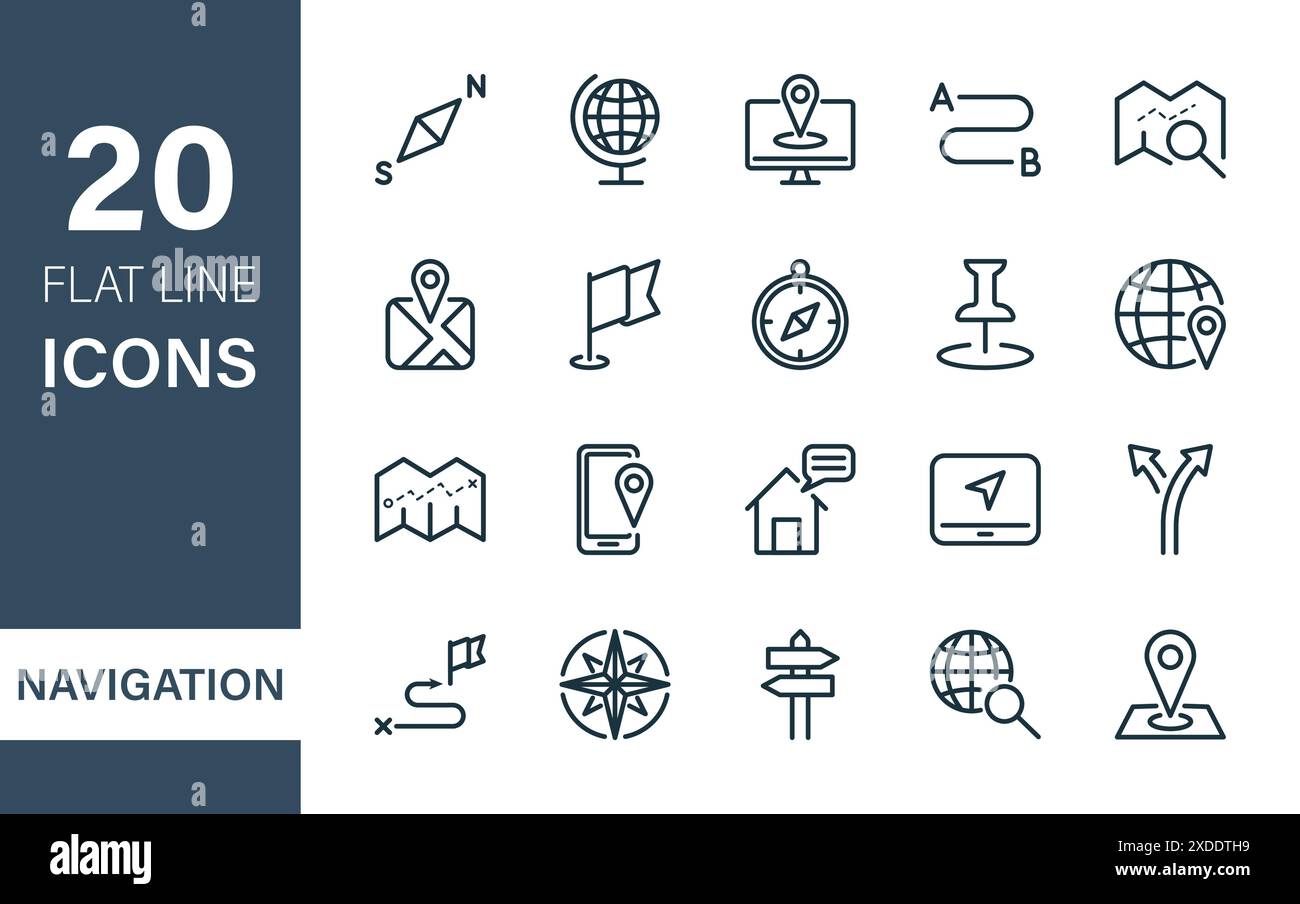 Icone della linea di navigazione e della mappa. Icone navigazione, posizione strada, linea di destinazione. Mappa, puntatore, pin, GPS, bussola, Geo Location, Traffic and Tourism Illustrazione Vettoriale