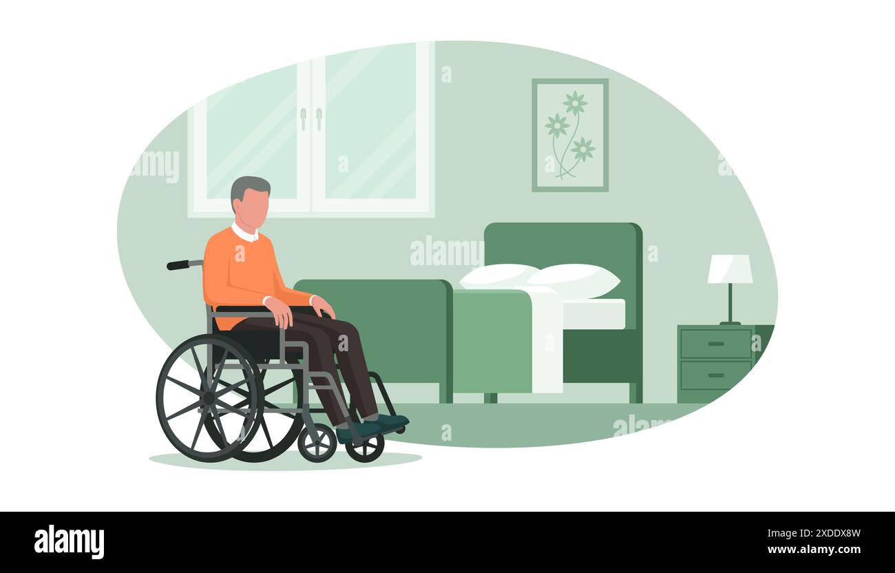 Anziano in sedia a rotelle e in camera da letto, assistenza per anziani e concetto di accessibilità Illustrazione Vettoriale
