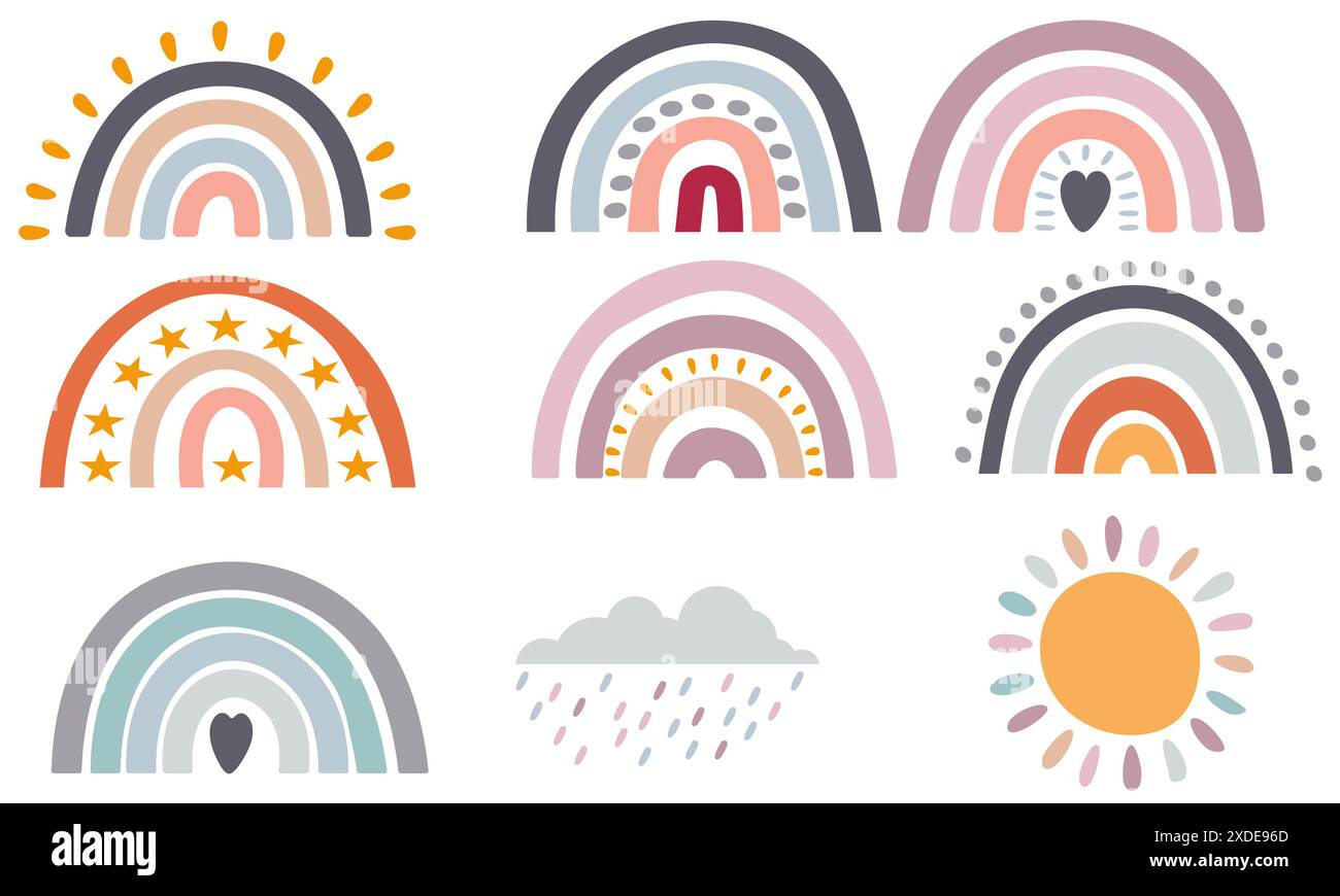 Grafica meteo in stile boho con arcobaleni, raincloud e sole isolati su uno sfondo bianco Illustrazione Vettoriale