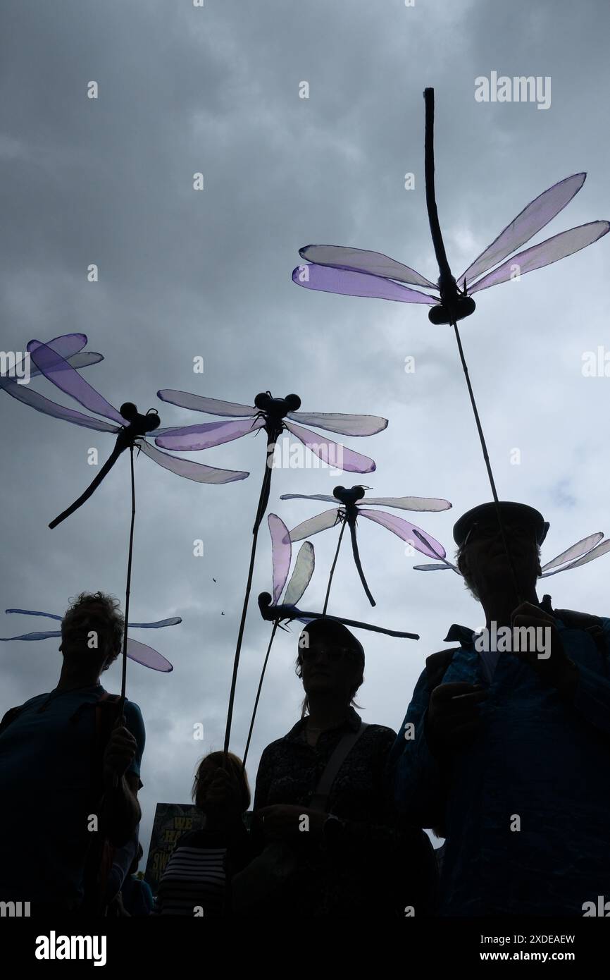 Londra, Inghilterra, Regno Unito. 22 giugno 2024. Le persone marciano da Park Lane a Parliament Square, chiedendo un'azione immediata per ripristinare gli habitat naturali e affrontare il degrado ambientale. L'evento presenta discorsi, striscioni e spettacoli volti a sensibilizzare l'opinione pubblica sull'urgente necessità di conservazione della biodiversità e di azione per il clima. (Credit Image: © Joao Daniel Pereira/ZUMA Press Wire) SOLO PER USO EDITORIALE! Non per USO commerciale! Crediti: ZUMA Press, Inc./Alamy Live News Foto Stock