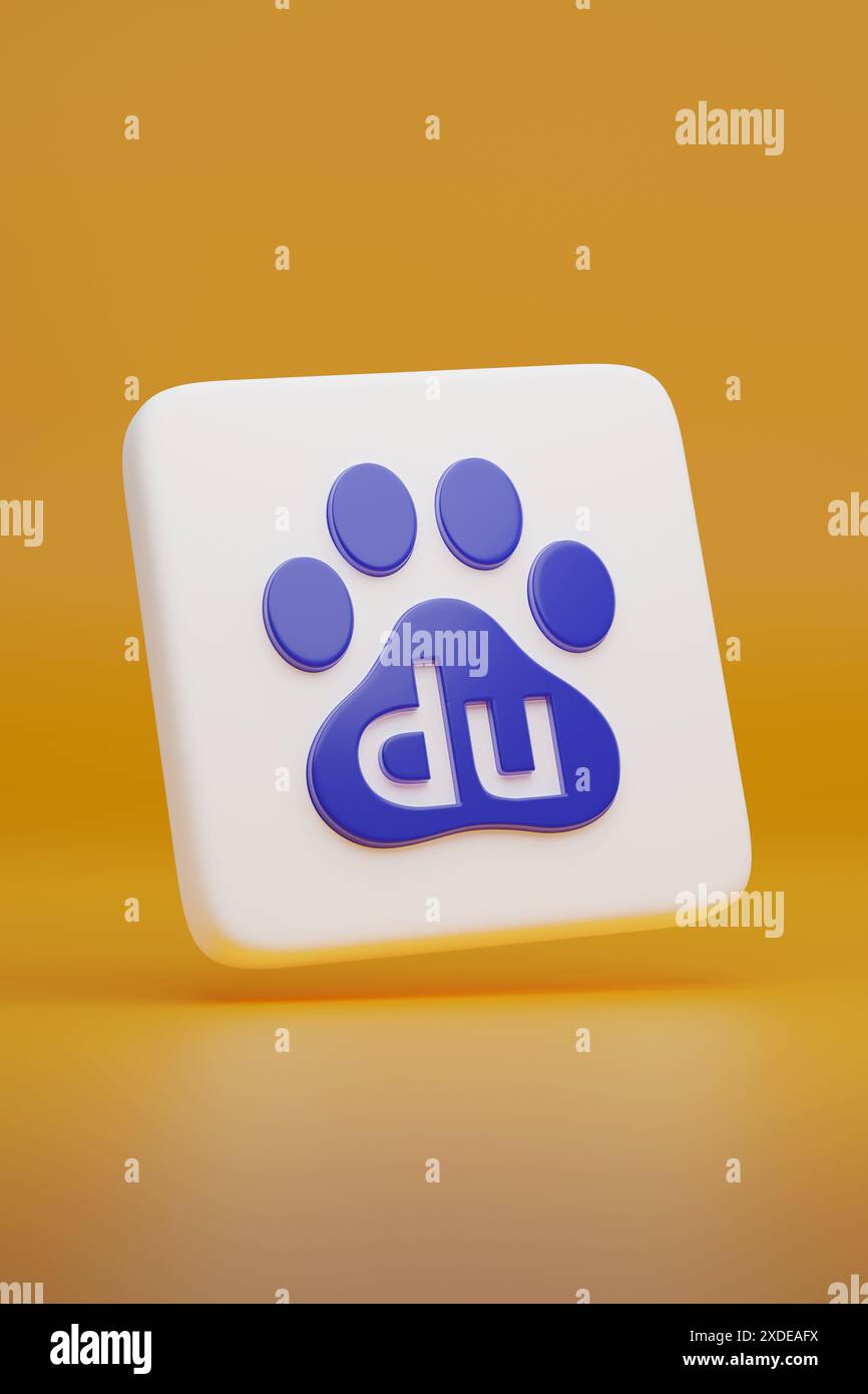 Logo Baidu isolato su giallo. illustrazione 3d. Foto Stock