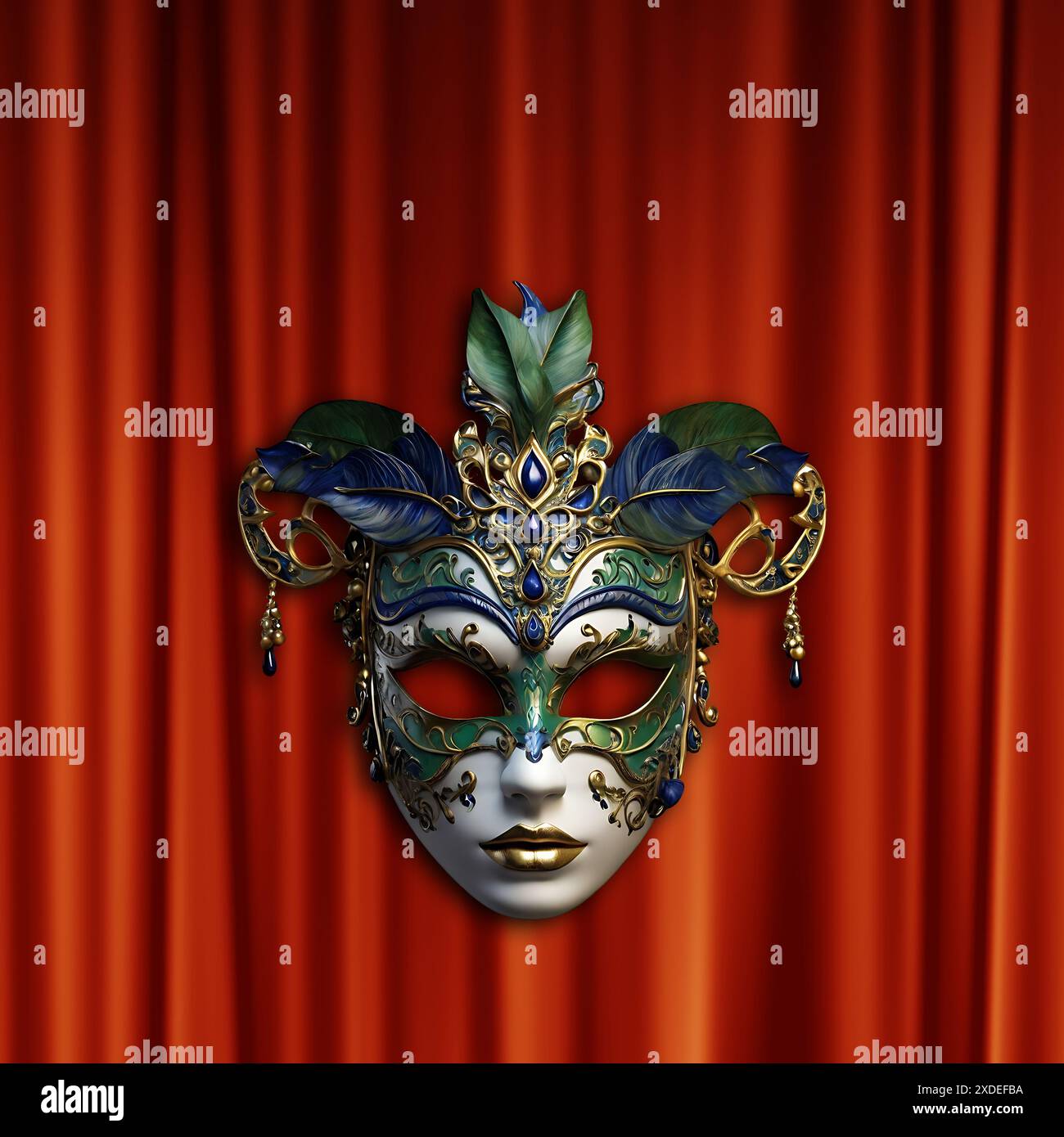 Maschera veneziana ornata su una tenda rossa Foto Stock