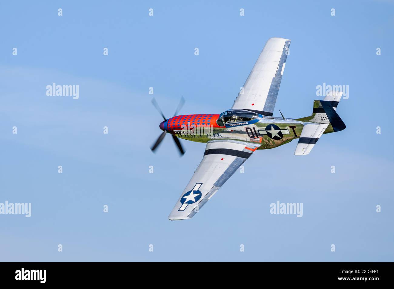 1944 North American P-51D Mustang «Jersey jerk» in volo al Military Airshow tenutosi a Shuttleworth il 2 giugno 2024. Foto Stock