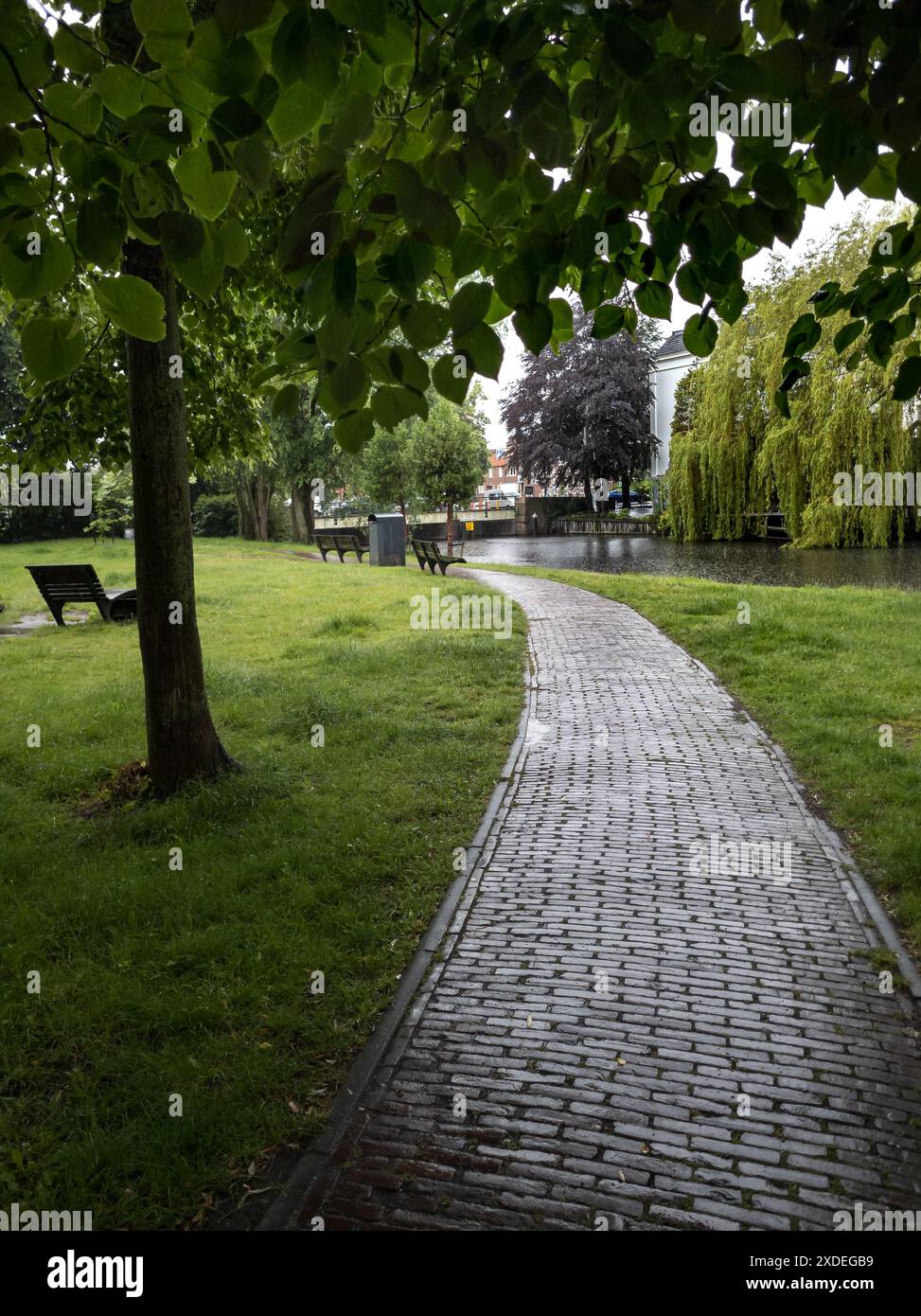Sentiero in mattoni nel parco nel centro di Leida. Foto Stock